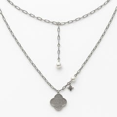 Collar Flor Inspirado Van C con Micro Circonias y Perla Natural Plata .925 con Rodio