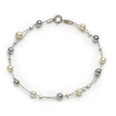 Pulsera Perla Natural con Bolitas Diamantadas Plata .925