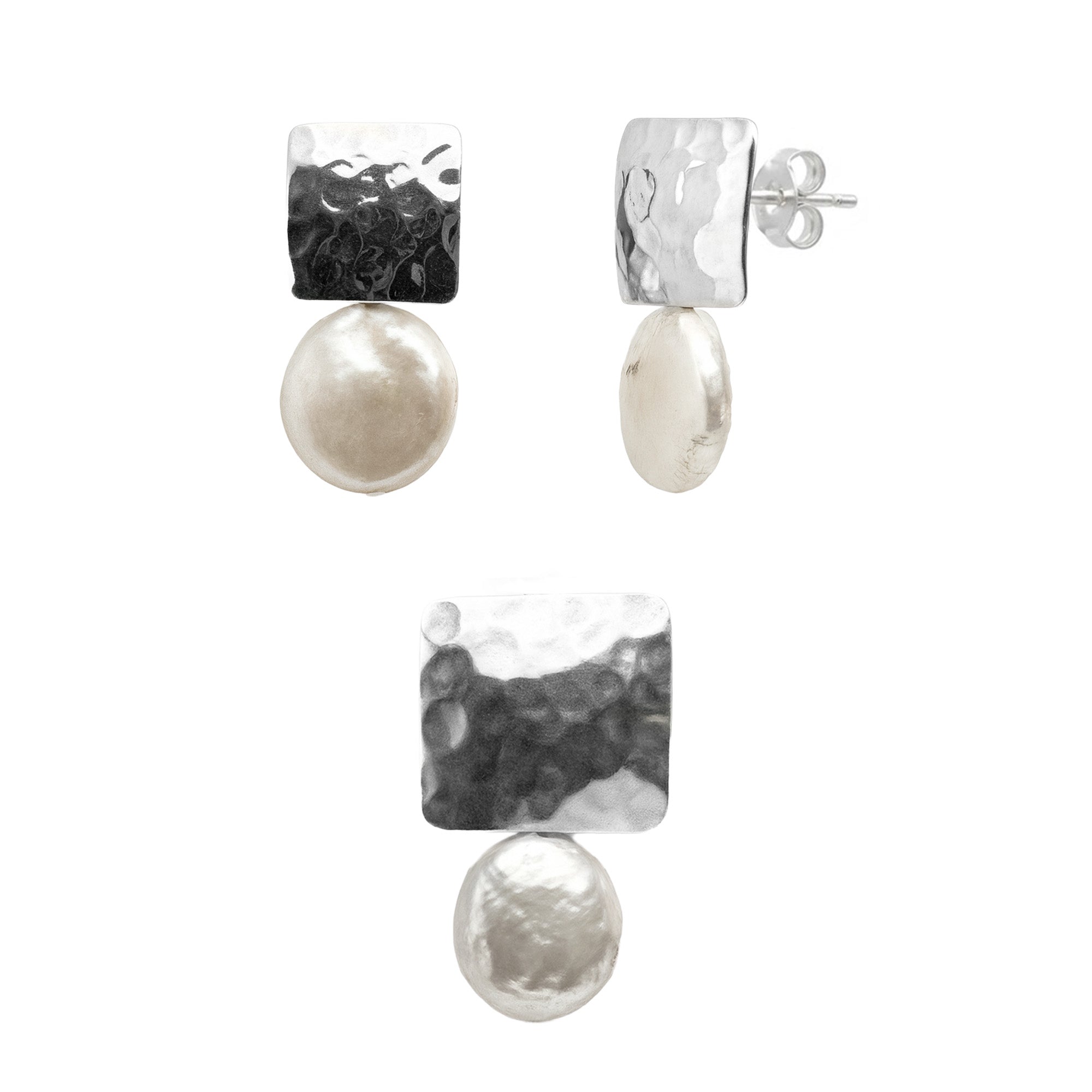 Juego Perla Natural con Plaquita Martillada Plata .925