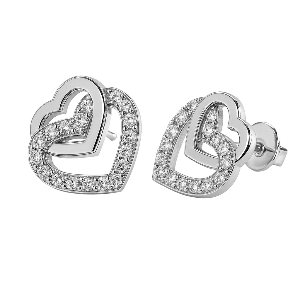 Arete Broquel Grande Doble Corazón con Circonias Plata .925 con Baño de Rodio
