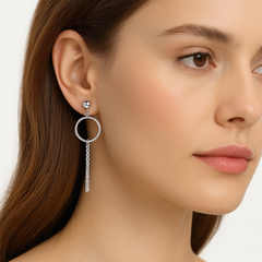 Arete Largo con Aro Martillado y Cadena Eslabones Hecho a Mano Plata .925