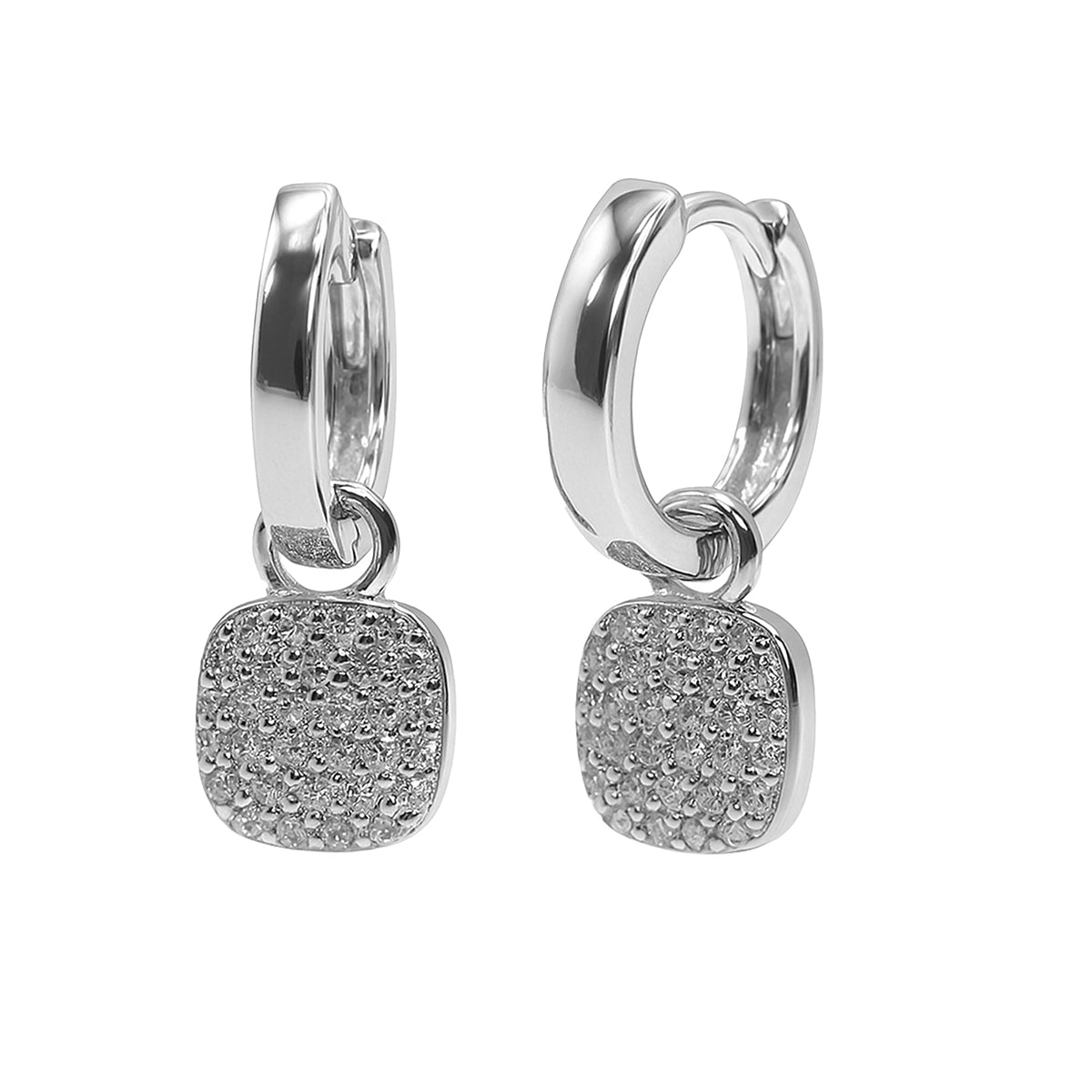 Huggies con Dije Cuadrado de Micro Circonias Plata .925 con Baño de Rodio