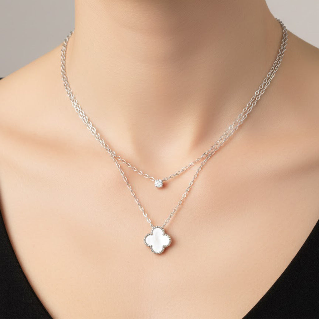 Collar Doble Inspirado Van C Piedras Naturales con Circonia Plata .925 con Rodio