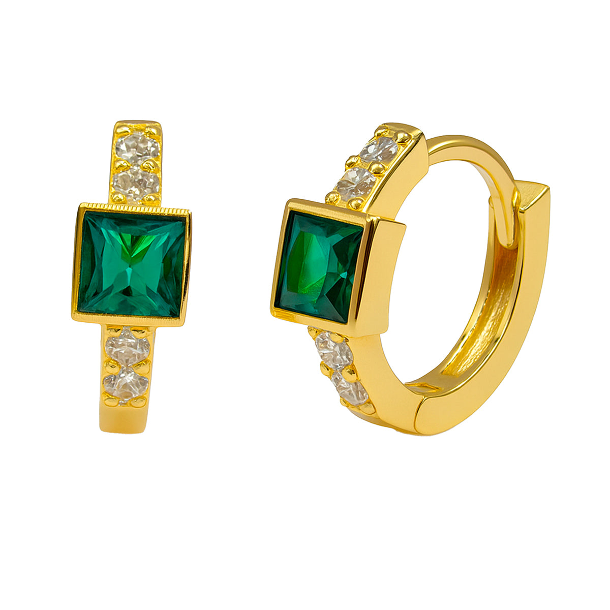 Arracada Huggies Circonia Verde con Micro Circonias Plata .925 con Baño de Oro