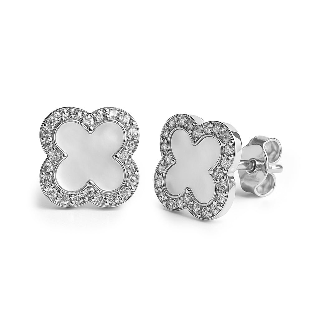 Arete Broquel Flor Mediana 9mm Inspirado en Van C con Circonias alrededor Madre Perla Plata .925 con Baño de Rodio
