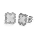 Arete Broquel Flor Mediana 9mm Inspirado en Van C con Circonias alrededor Madre Perla Plata .925 con Baño de Rodio