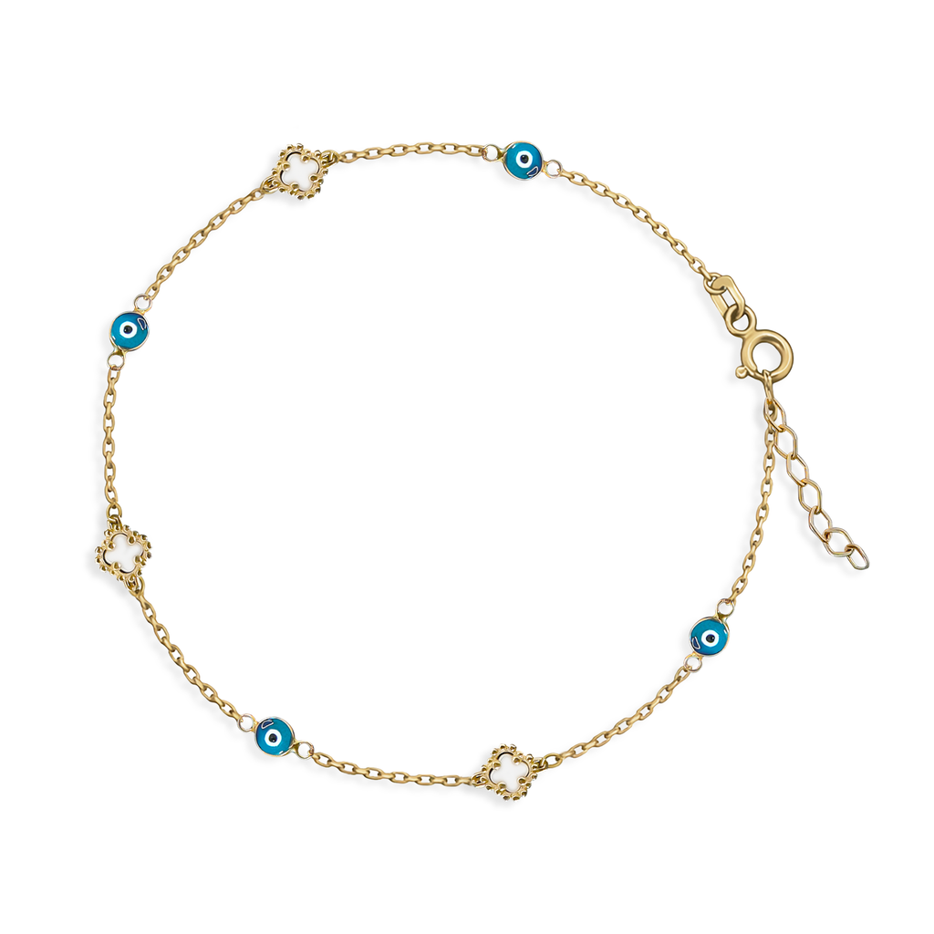 Pulsera Flor Inspirada Van C Madre Perla con Ojo Turco Azul Oro 10K