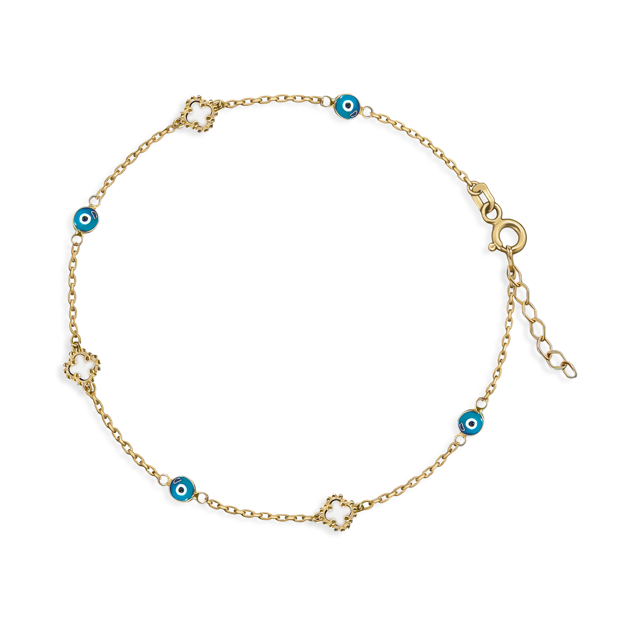 Pulsera Flor Inspirada Van C Madre Perla con Ojo Turco Azul Oro 10K