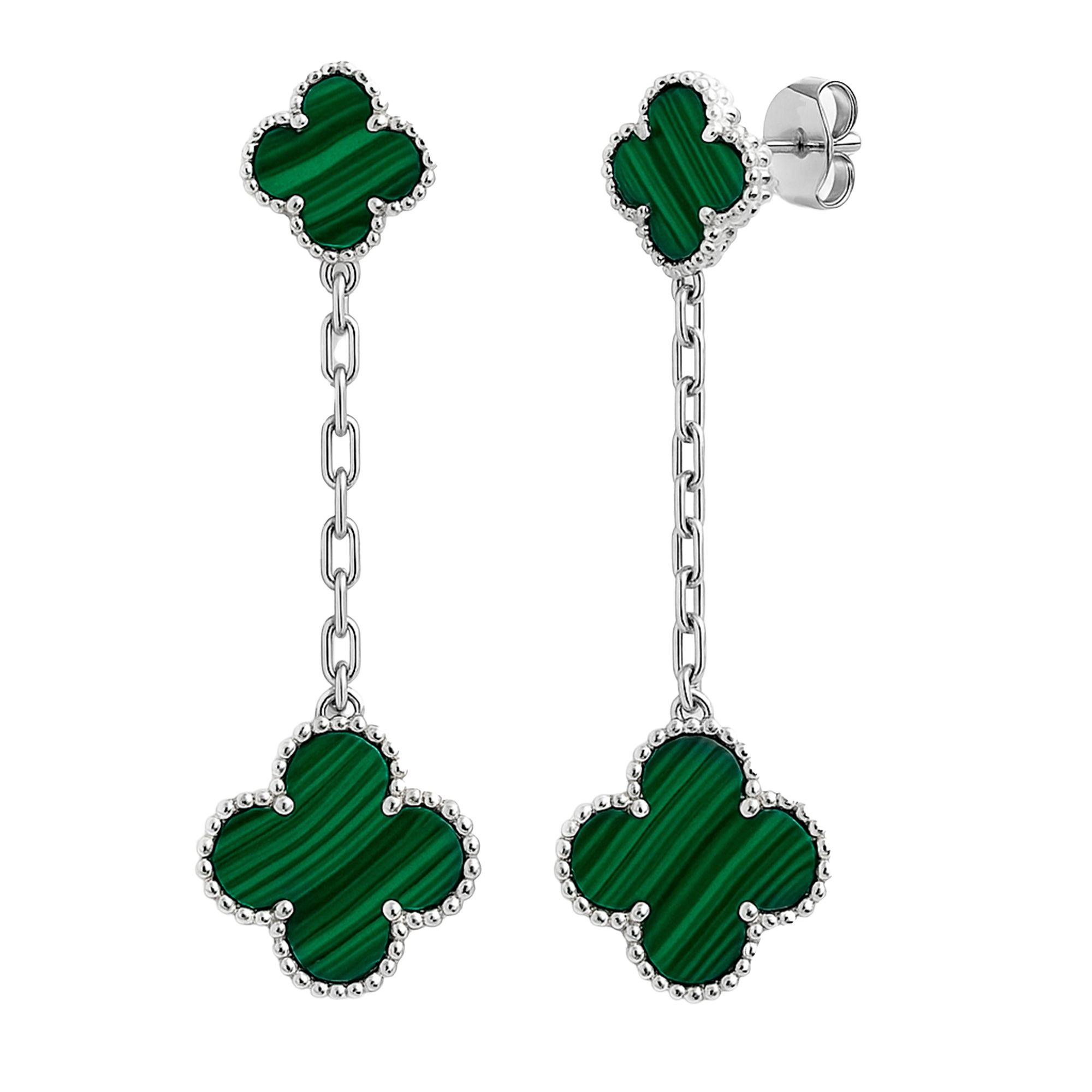 Arete Doble Flor Largo Inspirado Van C Plata .925 con Baño de Rodio