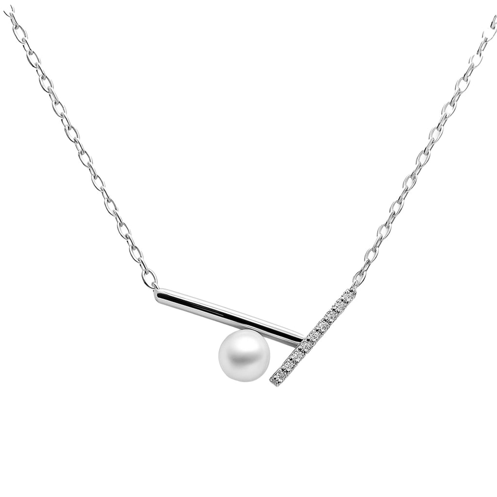 Collar Perla Natural Con Linea de Circonias y Lisas Plata .925 con Baño de Rodio