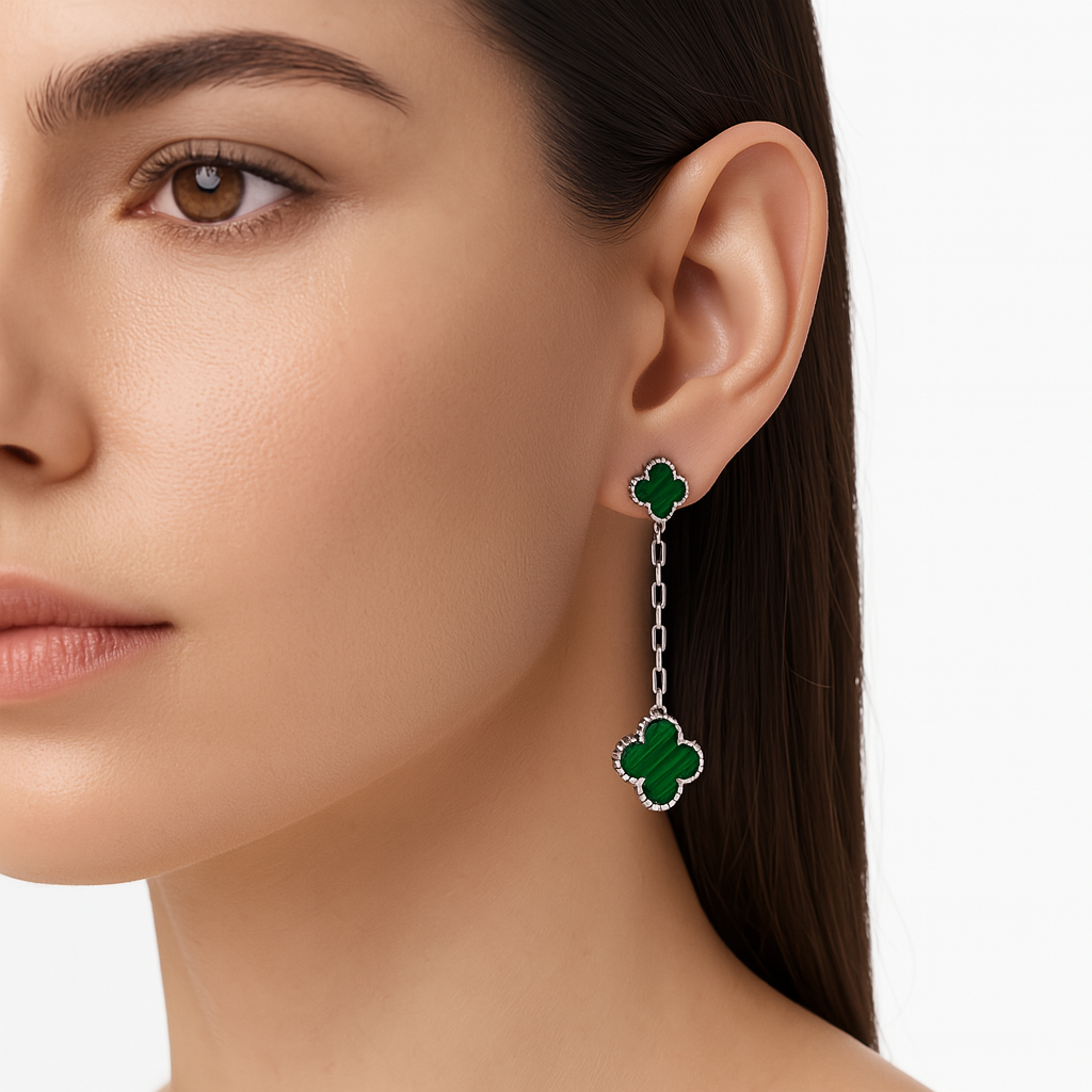 Arete Doble Flor Largo Inspirado Van C Plata .925 con Baño de Rodio