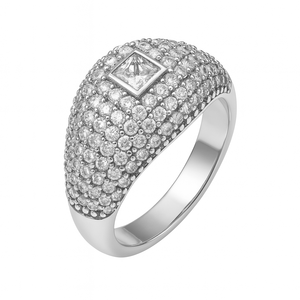 Anillo Inspirado Pan 1.1 Bombeado Ancho Lleno de Micro Circonias Plata .925