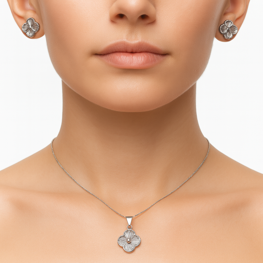 Juego Flor Inspirado Van C Diamantado Plata .925 con Rodio