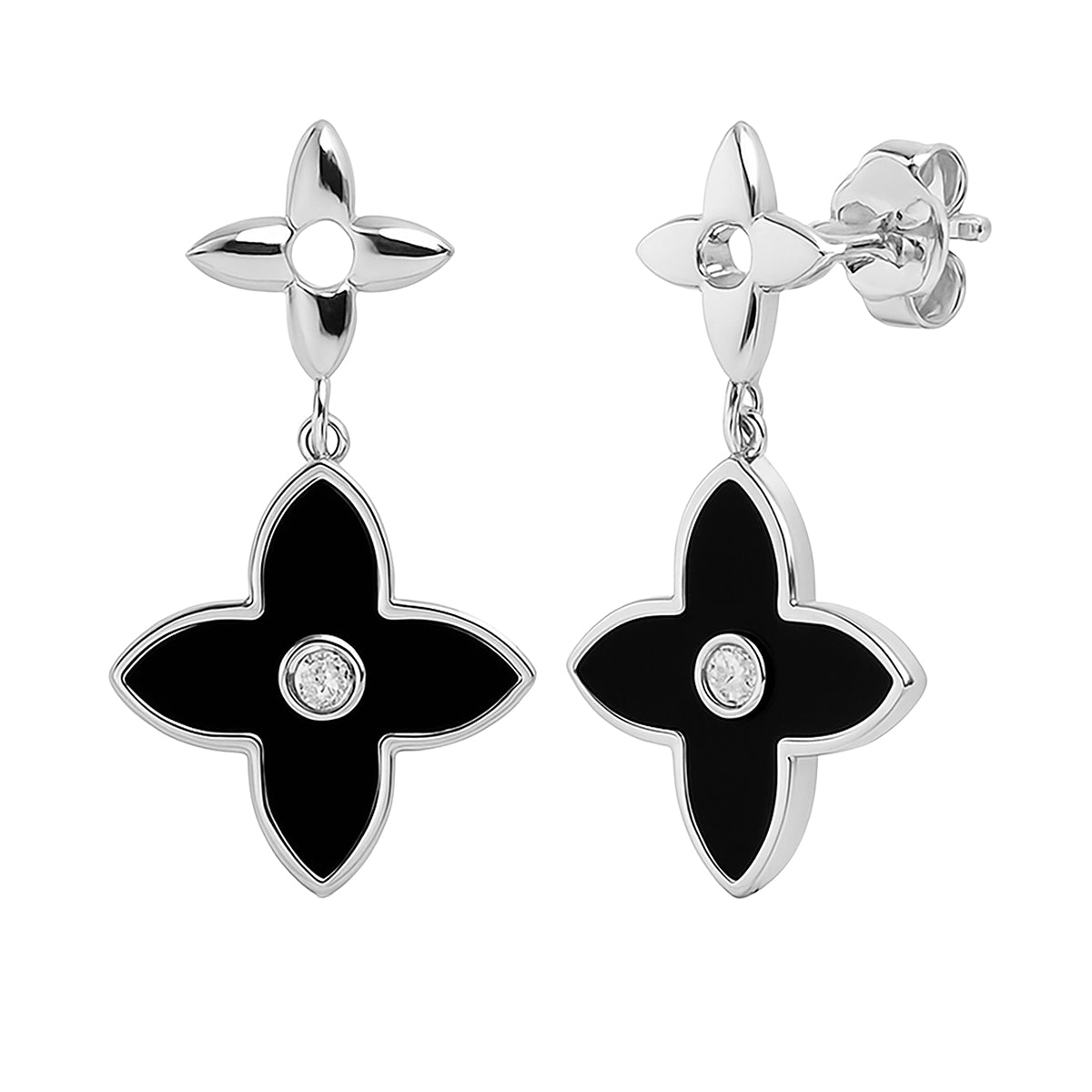 Arete Flor Mediano Inspirado LV con Piedras Naturales Plata .925 con Baño de Rodio