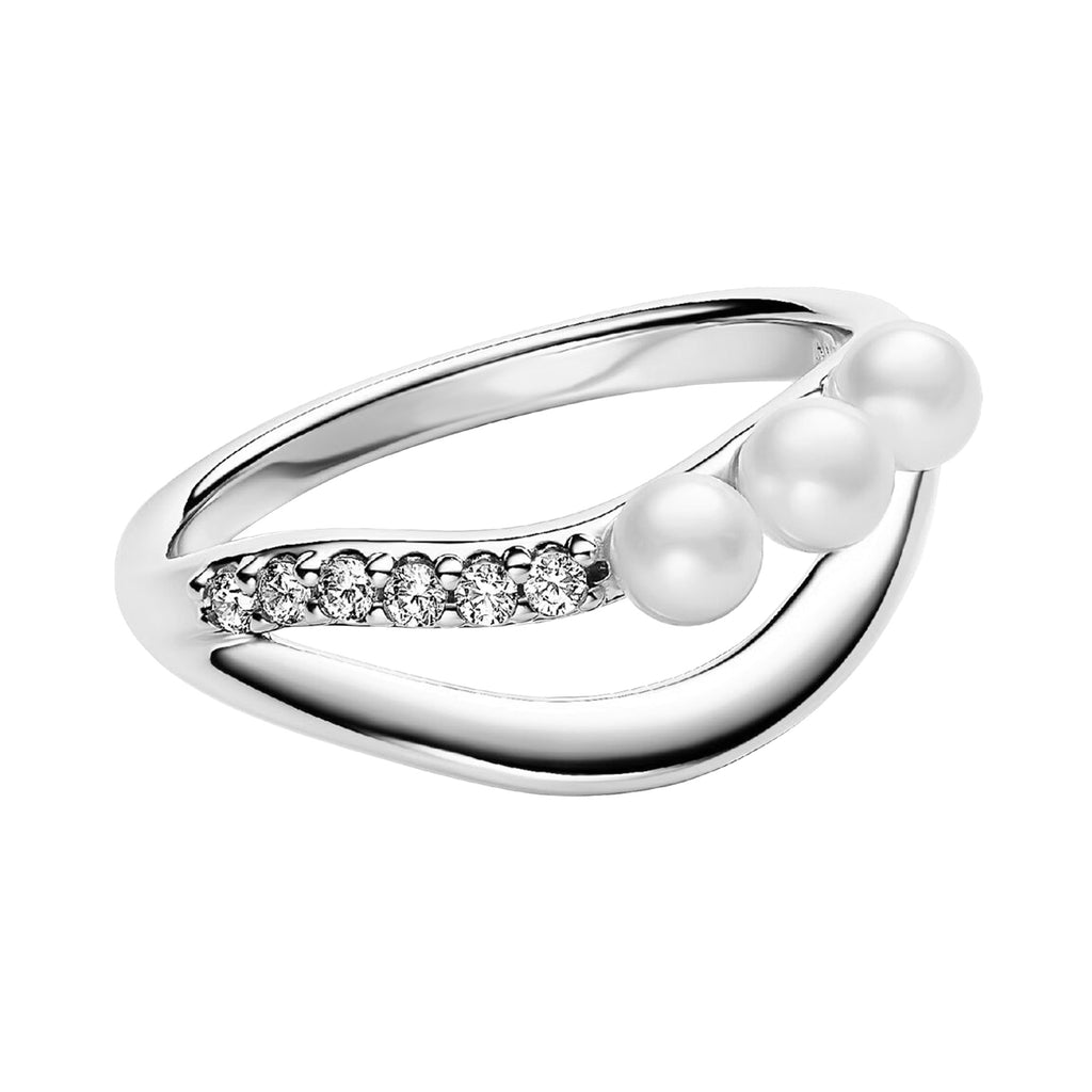 Anillo Inspirado Pan 1.1 Doble linea Ondulada con Perla Cristal y Circonias Plata .925