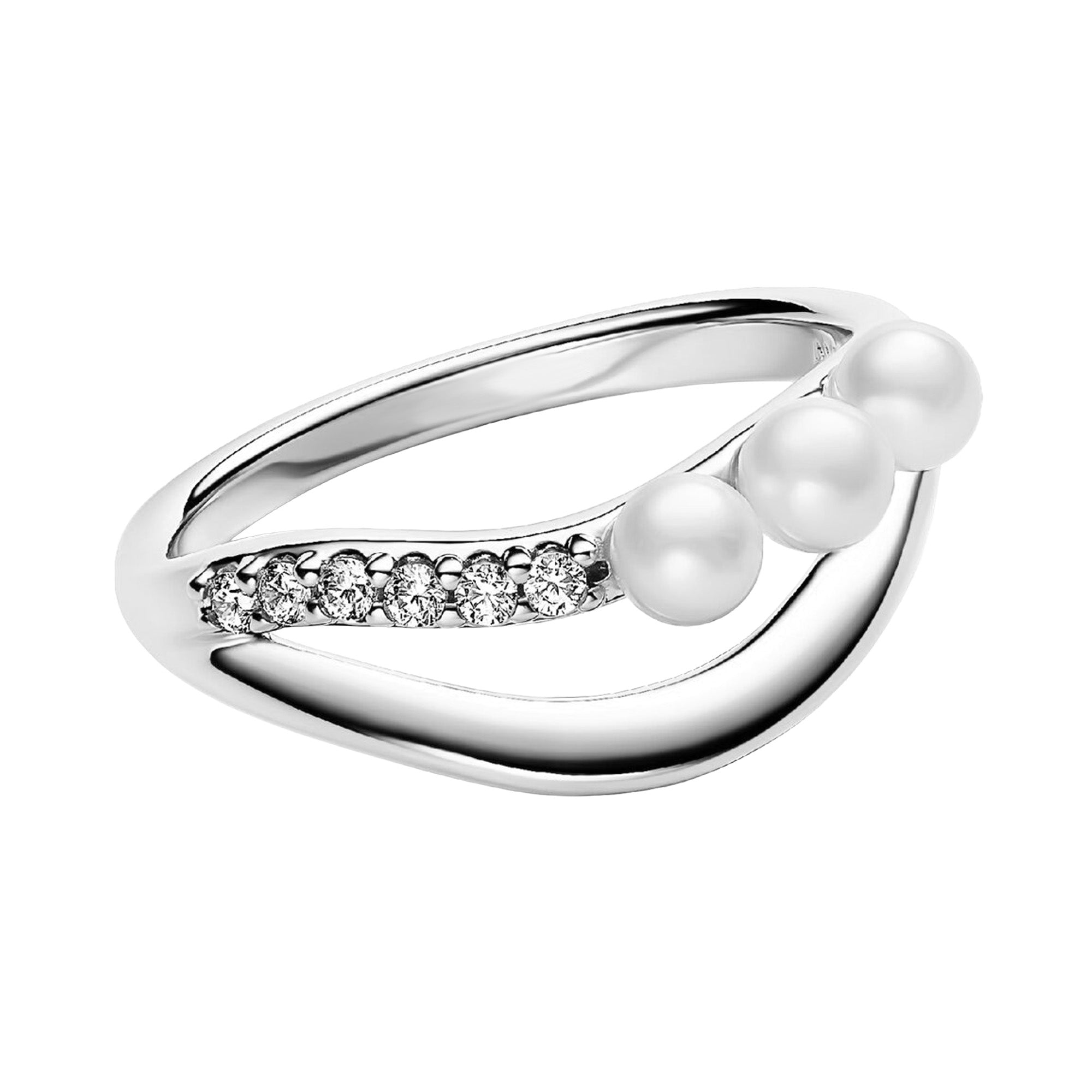 Anillo Inspirado Pan 1.1 Doble linea Ondulada con Perla Cristal y Circonias Plata .925