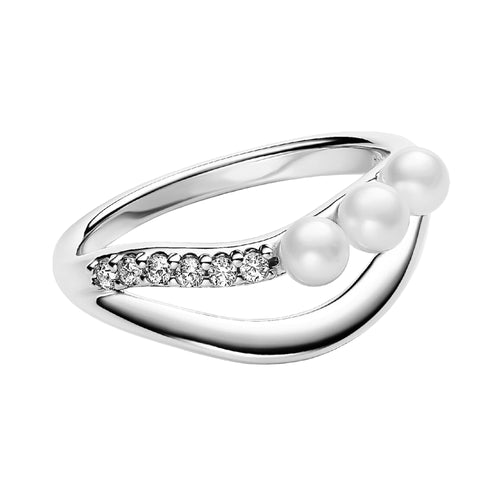 Anillo Inspirado Pan 1.1 Doble linea Ondulada con Perla Cristal y Circonias Plata .925