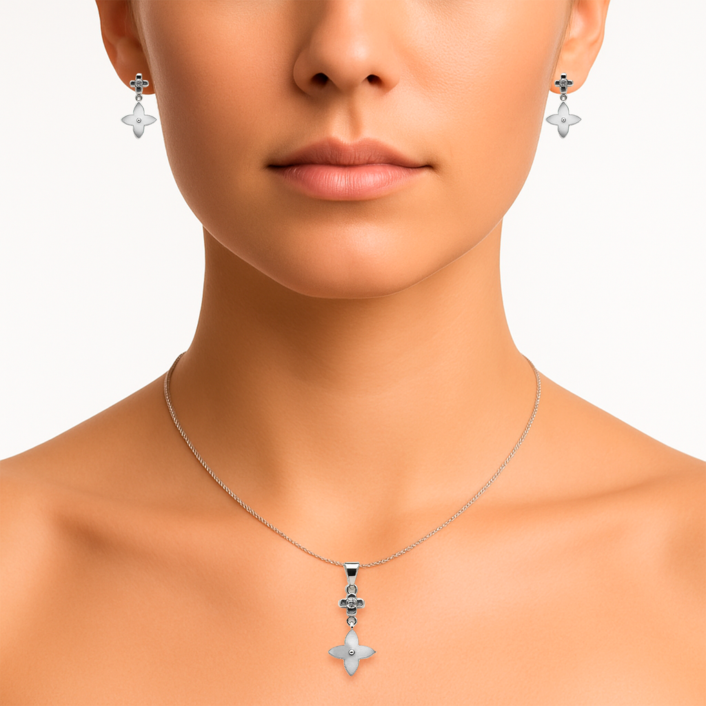 Juego Inspirado LV Piedras Naturales Plata .925 con Baño de Rodio