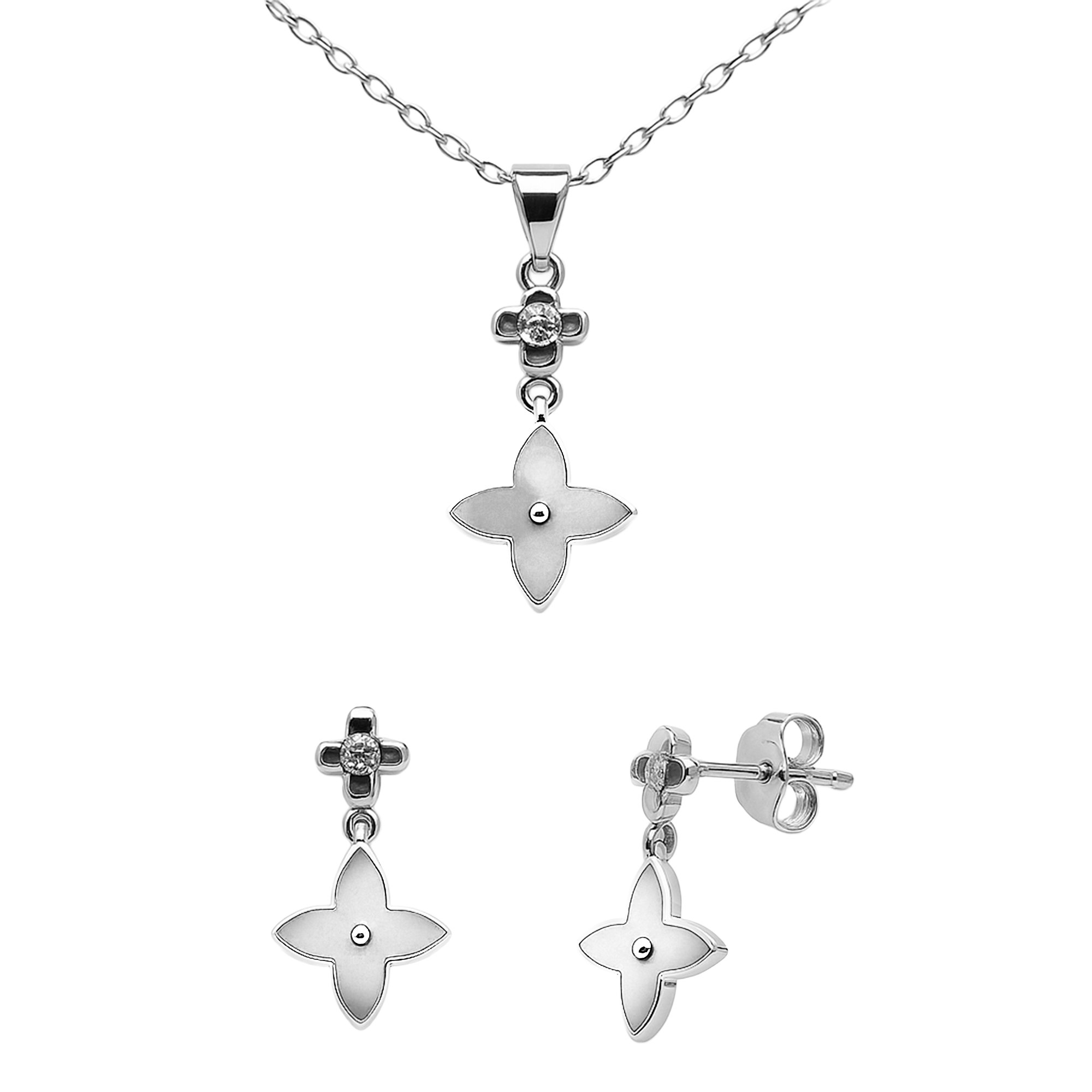 Juego Inspirado LV Piedras Naturales Plata .925 con Baño de Rodio