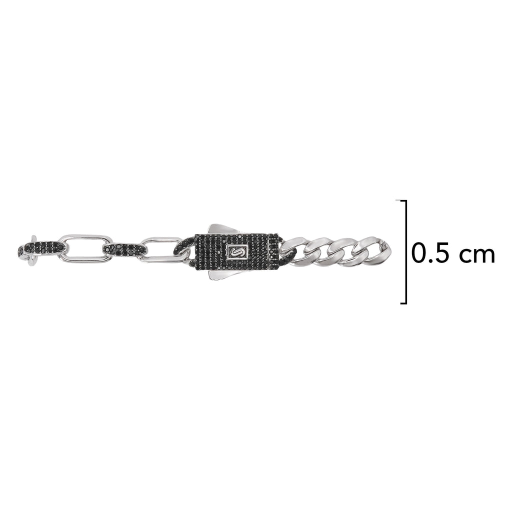 Pulso Inspirado Mónaco Macizo 5mm-6mm Mitad Cubano y Mitad Eslabón con Circonias Negras, Plata .925 con Baño de Rodio