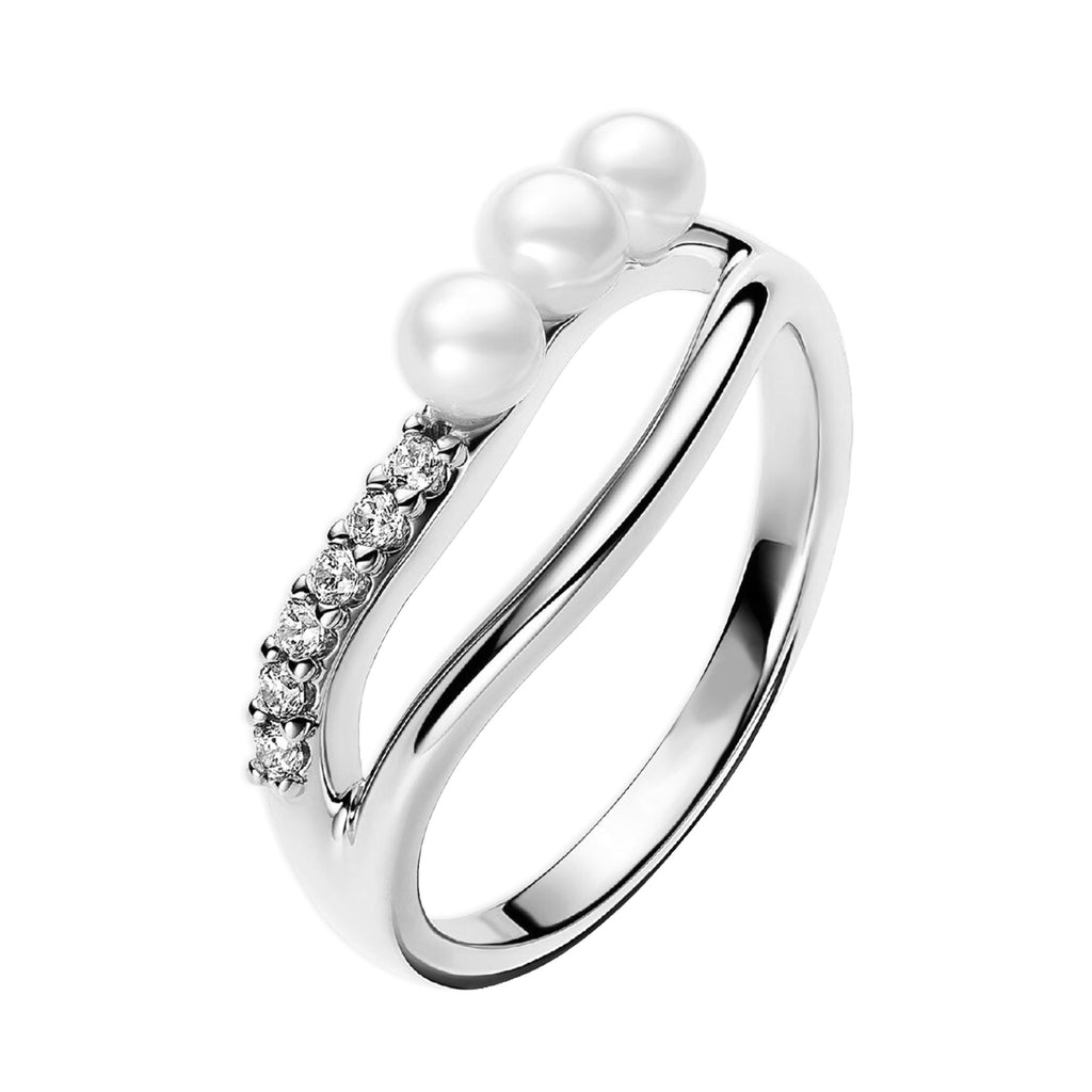 Anillo Inspirado Pan 1.1 Doble linea Ondulada con Perla Cristal y Circonias Plata .925