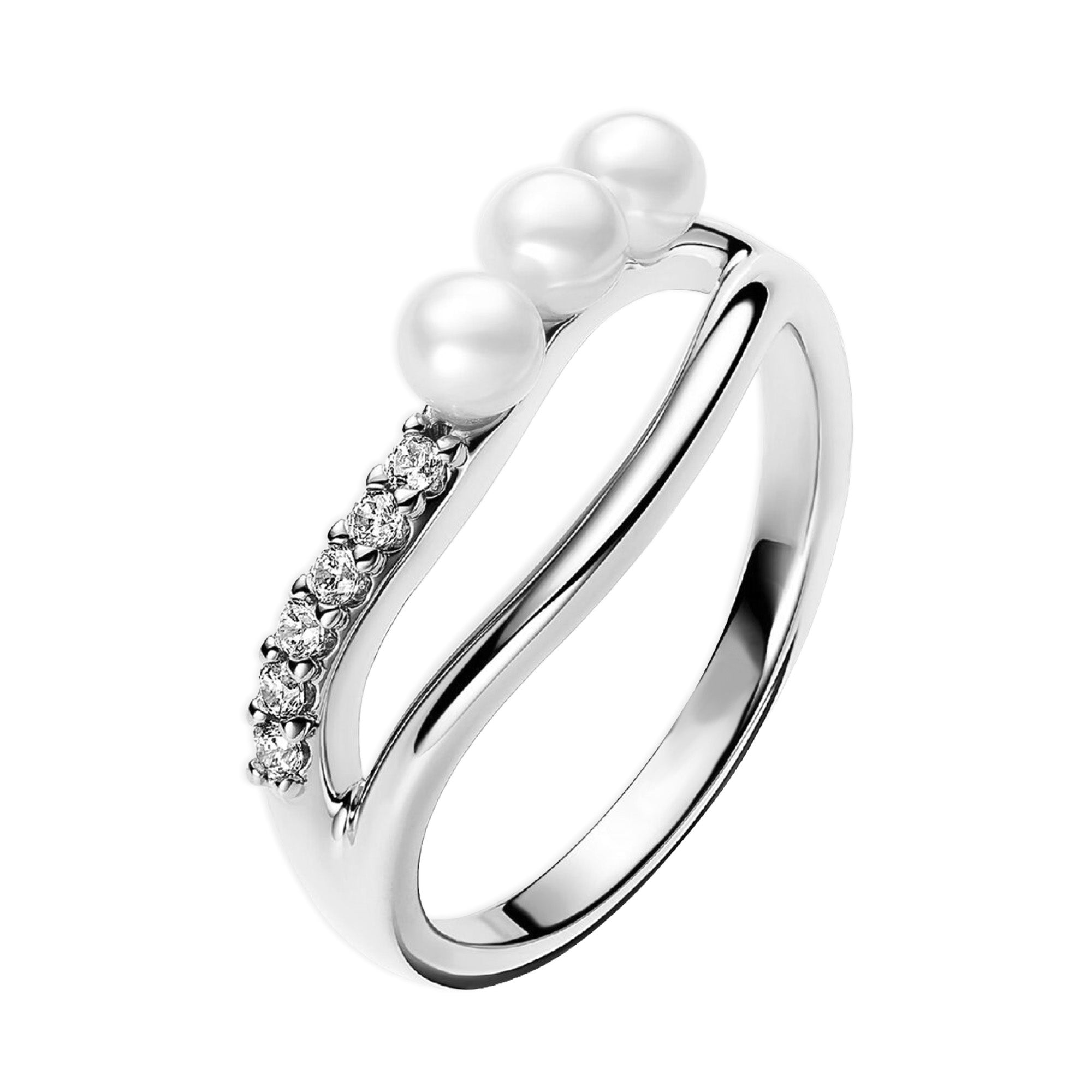 Anillo Inspirado Pan 1.1 Doble linea Ondulada con Perla Cristal y Circonias Plata .925