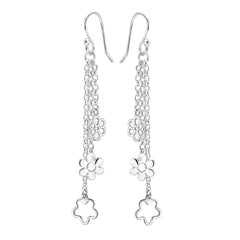 Arete Largo 3 Flores Lisas con Cadena Eslabones Hecho a Mano Plata .925