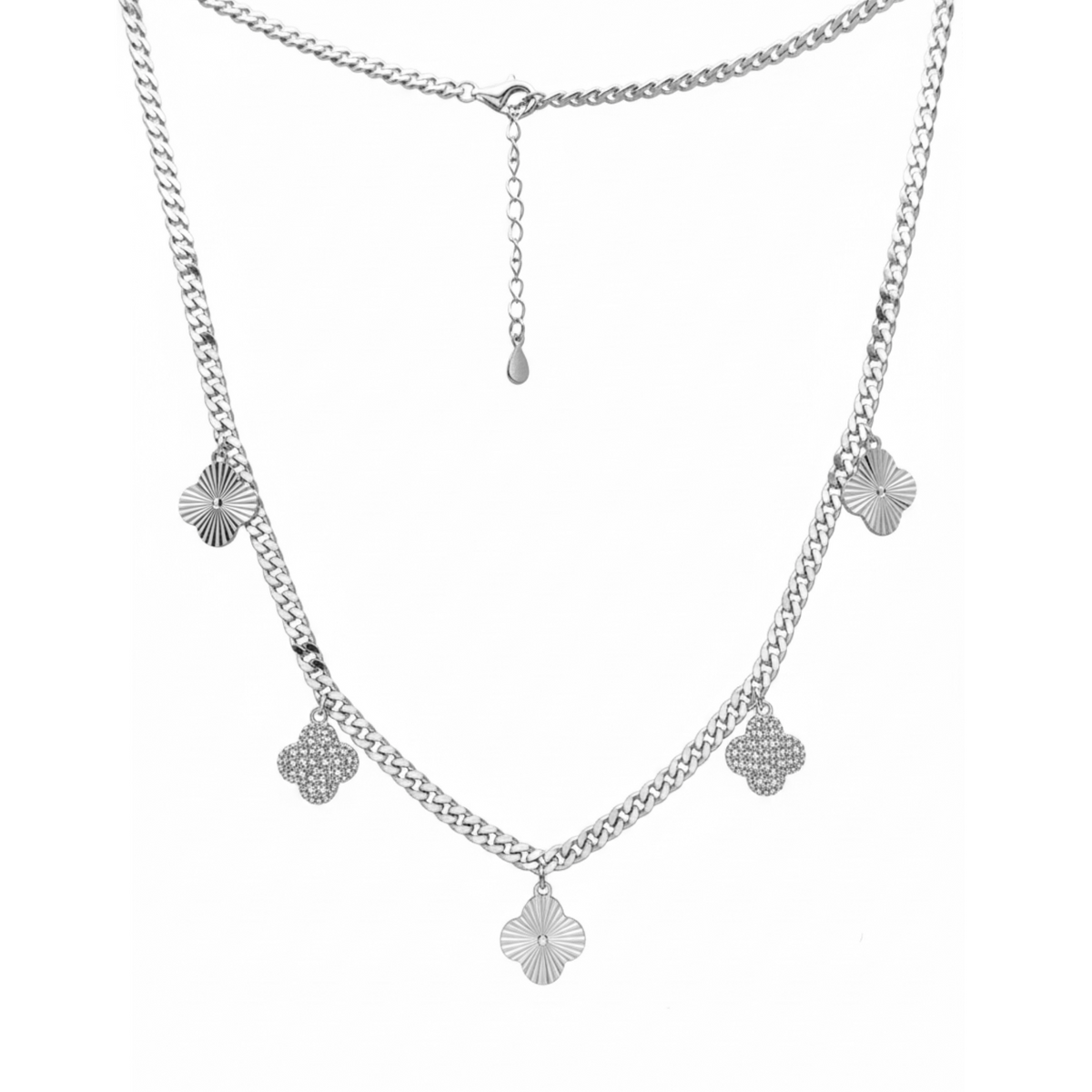 Collar Flor Inspirado Van C Diamantado con Cadena Cubana Plata .925 con Rodio