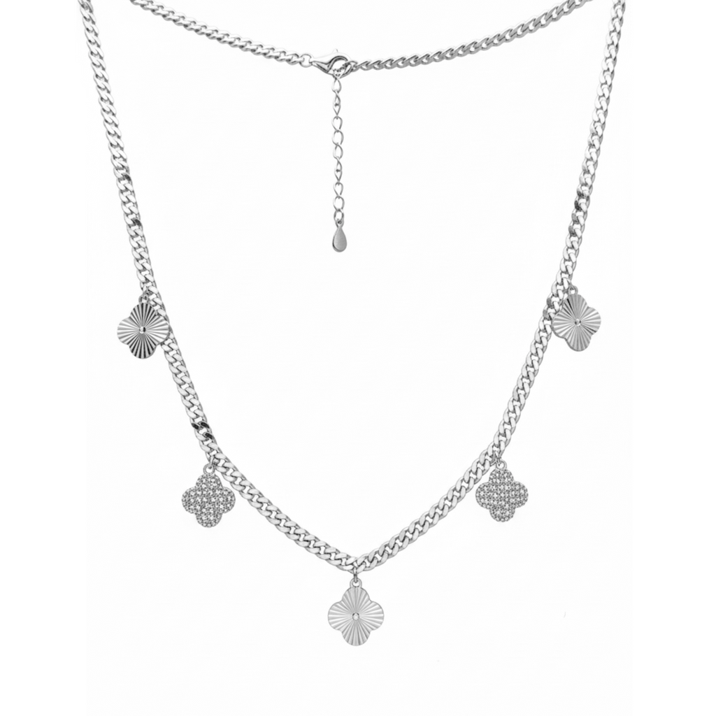 Collar Flor Inspirado Van C Diamantado con Cadena Cubana Plata .925 con Baño de Rodio