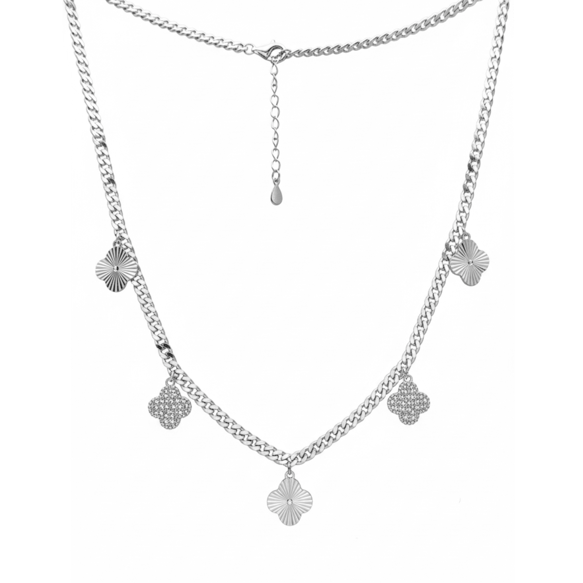 Collar Flor Inspirado Van C Diamantado con Cadena Cubana Plata .925 con Baño de Rodio