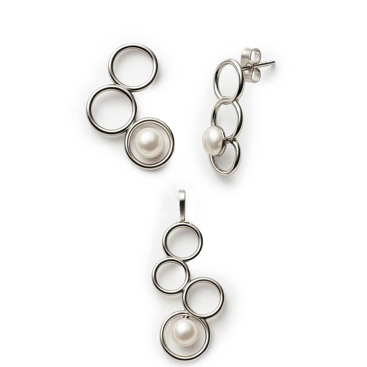Juego Perla Natural con Siluetas de Círculos Plata .925