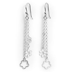 Arete Largo 3 Flores Lisas con Cadena Eslabones Hecho a Mano Plata .925