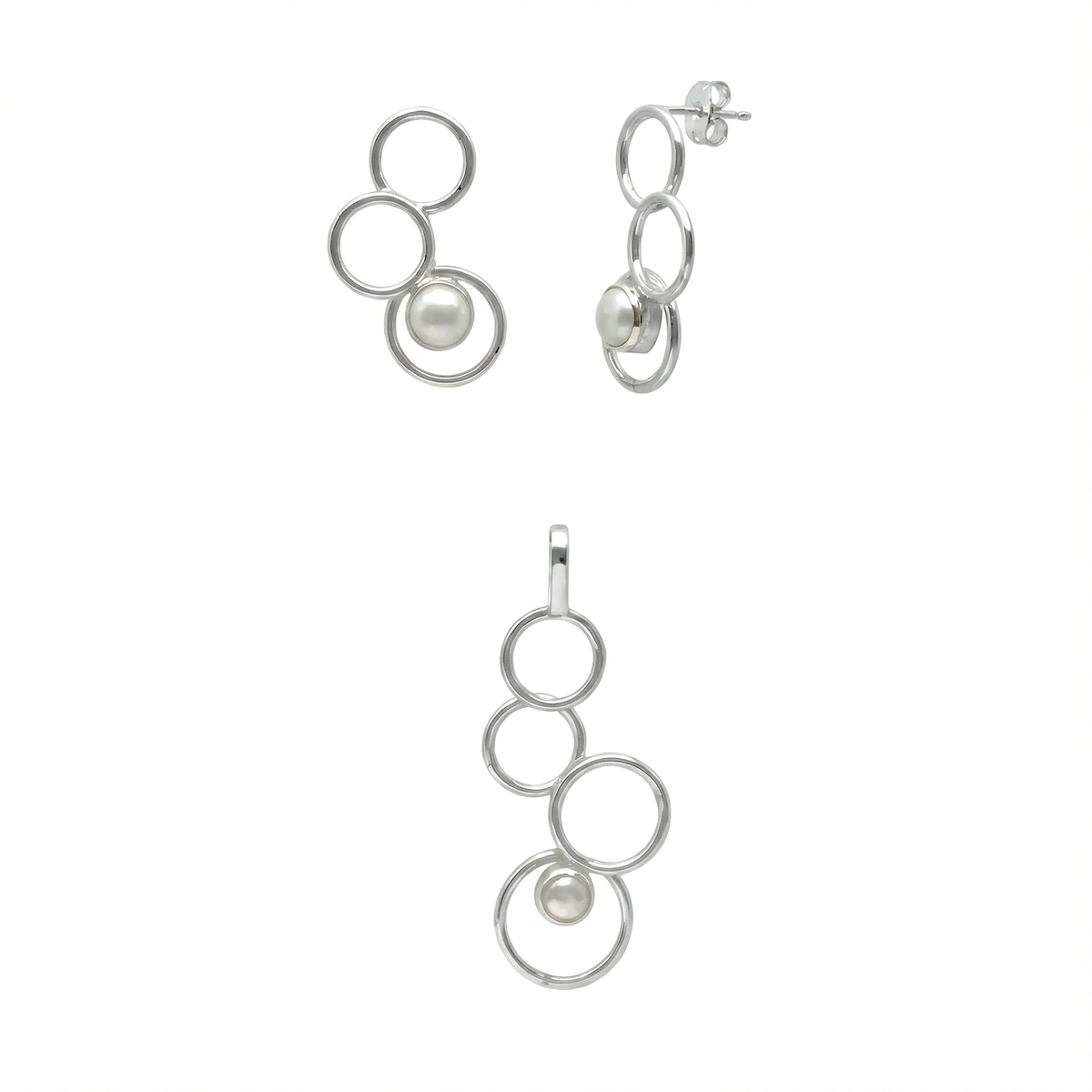 Juego Perla Natural con Siluetas de Círculos Plata .925