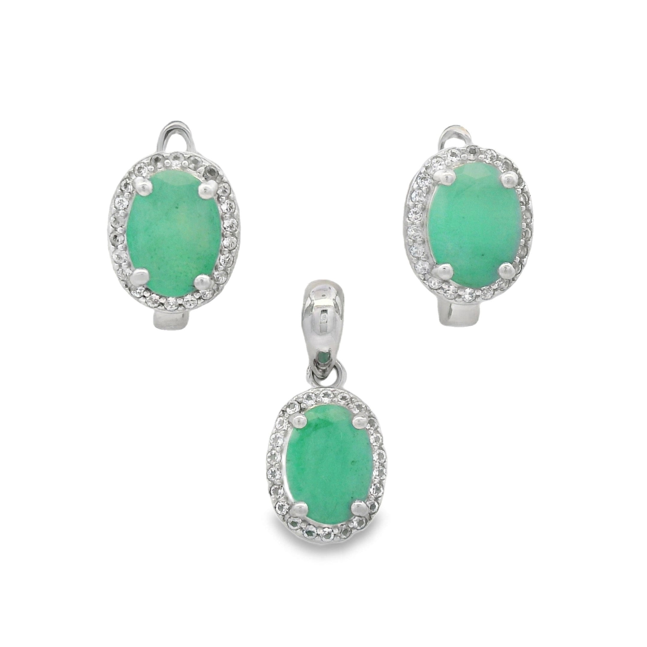 Juego Piedra Preciosa Dije y Aretes Ovaladas Esmeralda, Plata .925 con Baño de Rodio