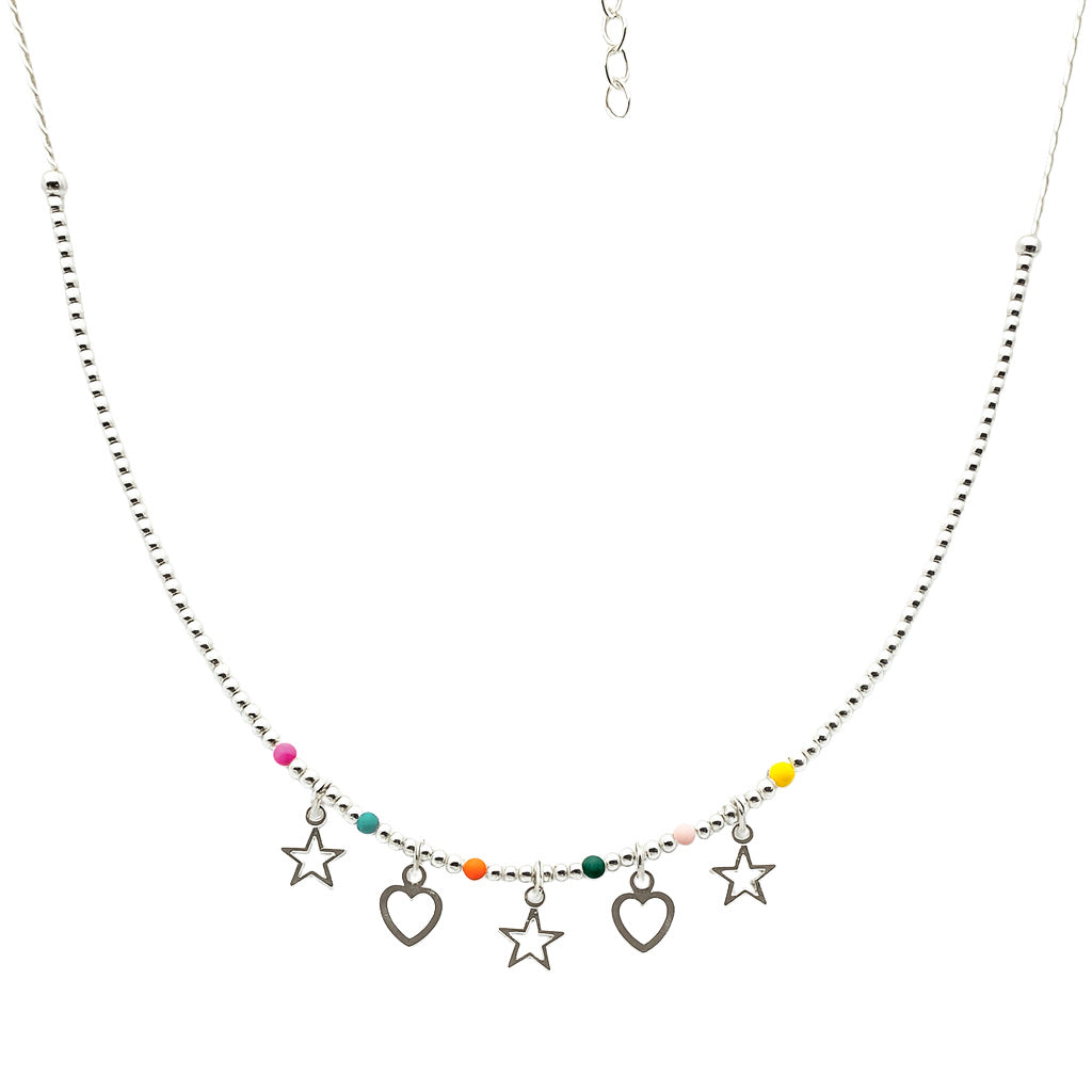 Collar Dijes Silueta de Estrellas y Corazones con Cristales Multicolor Plata .925