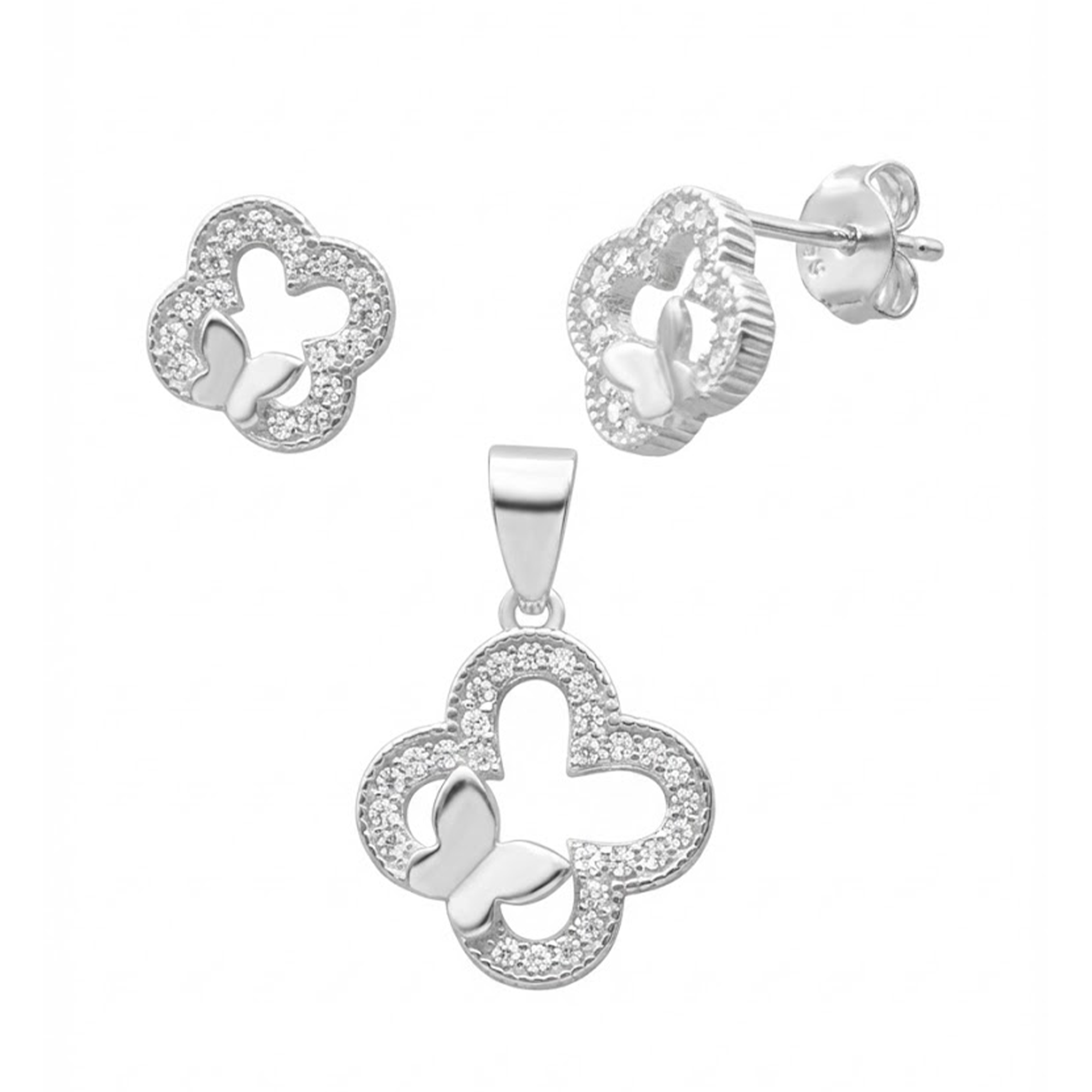 Juego Inspirado Van C Micro Circonias con Mariposa Lisa Plata .925