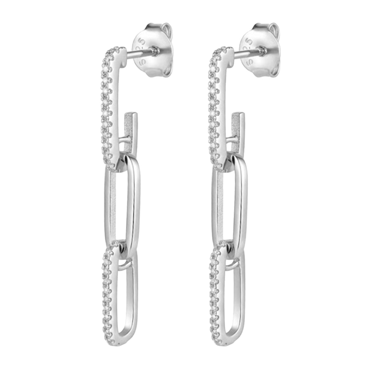 Arete Largo Paper Clip con Circonias Plata .925 con Baño de Rodio