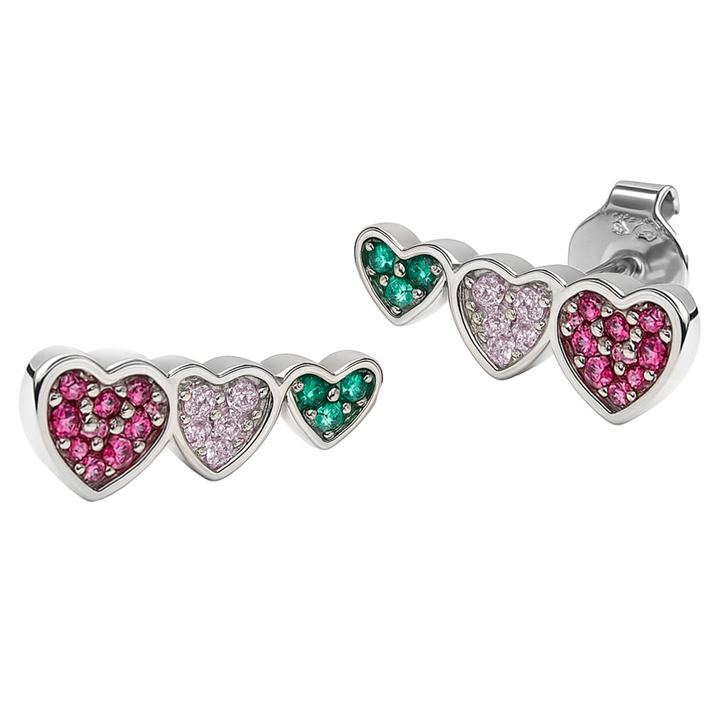 Arete Broquel Triple Corazón Multicirconias Plata .925 con Baño de Rodio