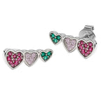 Arete Broquel Triple Corazón Multicirconias Plata .925 con Baño de Rodio