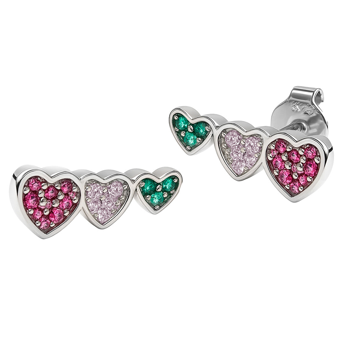 Arete Broquel Triple Corazón Multicirconias Plata .925 con Baño de Rodio