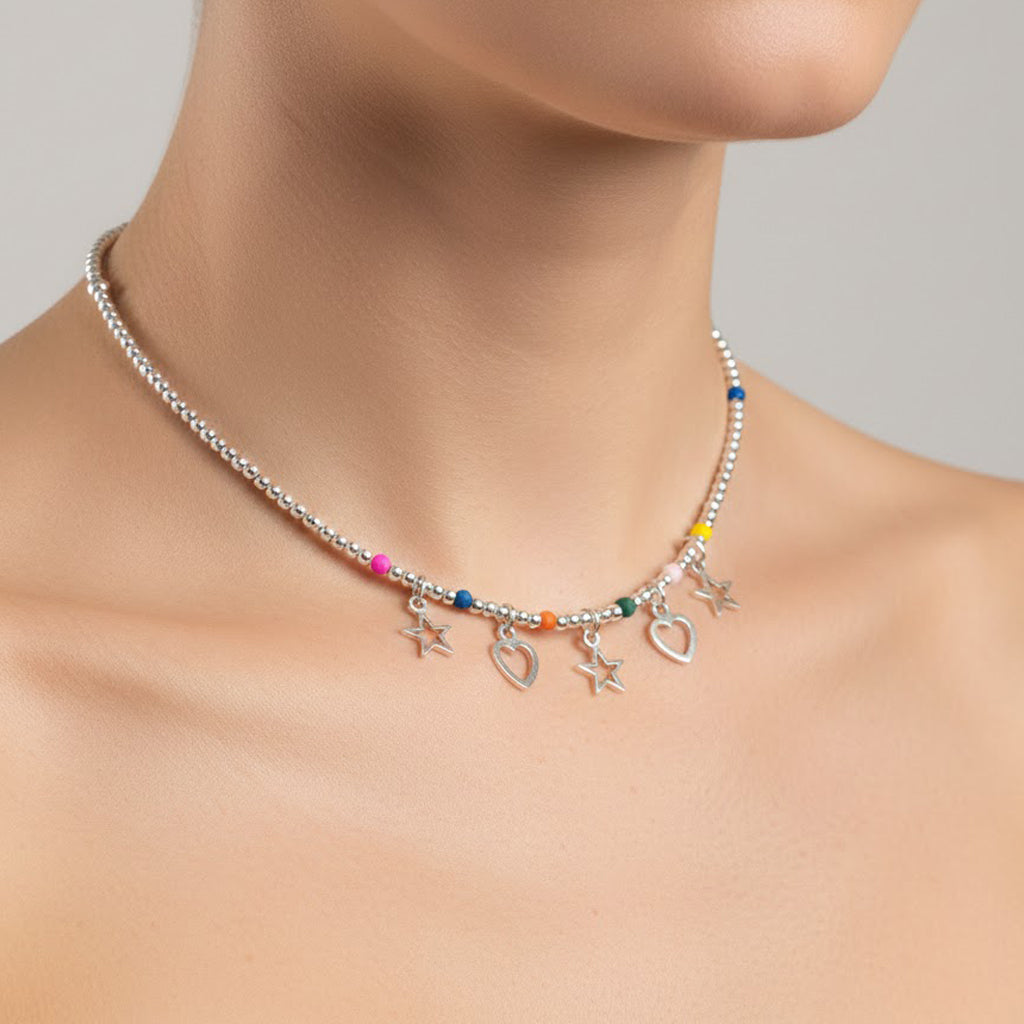 Collar Dijes Silueta de Estrellas y Corazones con Cristales Multicolor Plata .925