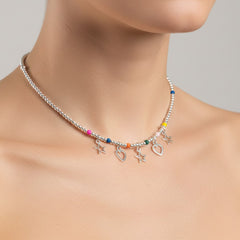 Collar Dijes Silueta de Estrellas y Corazones con Cristales Multicolor Plata .925