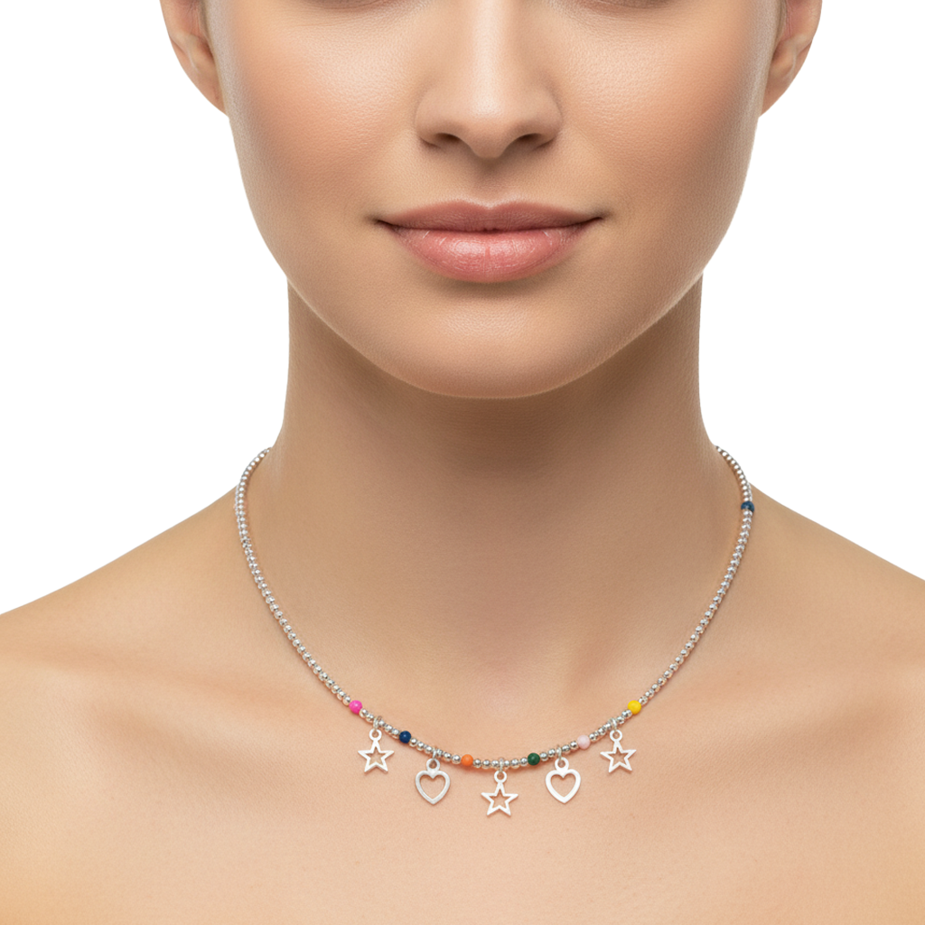 Collar Dijes Silueta de Estrellas y Corazones con Cristales Multicolor Plata .925