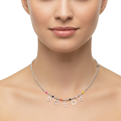 Collar Dijes Silueta de Estrellas y Corazones con Cristales Multicolor Plata .925