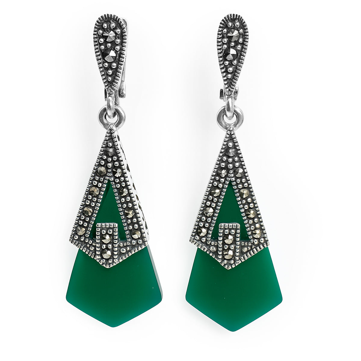 Arete Largo Marquesita Con Piedra Ágata Verde Plata .925