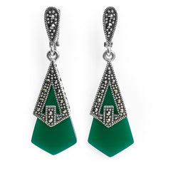 Arete Largo Marquesita Con Piedra Ágata Verde Plata .925
