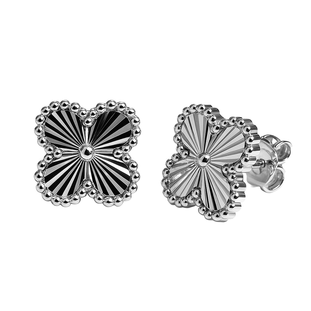 Broquel Flor Grande 1.4cm, Van C Diamantado Plata .925 con Baño de Rodio