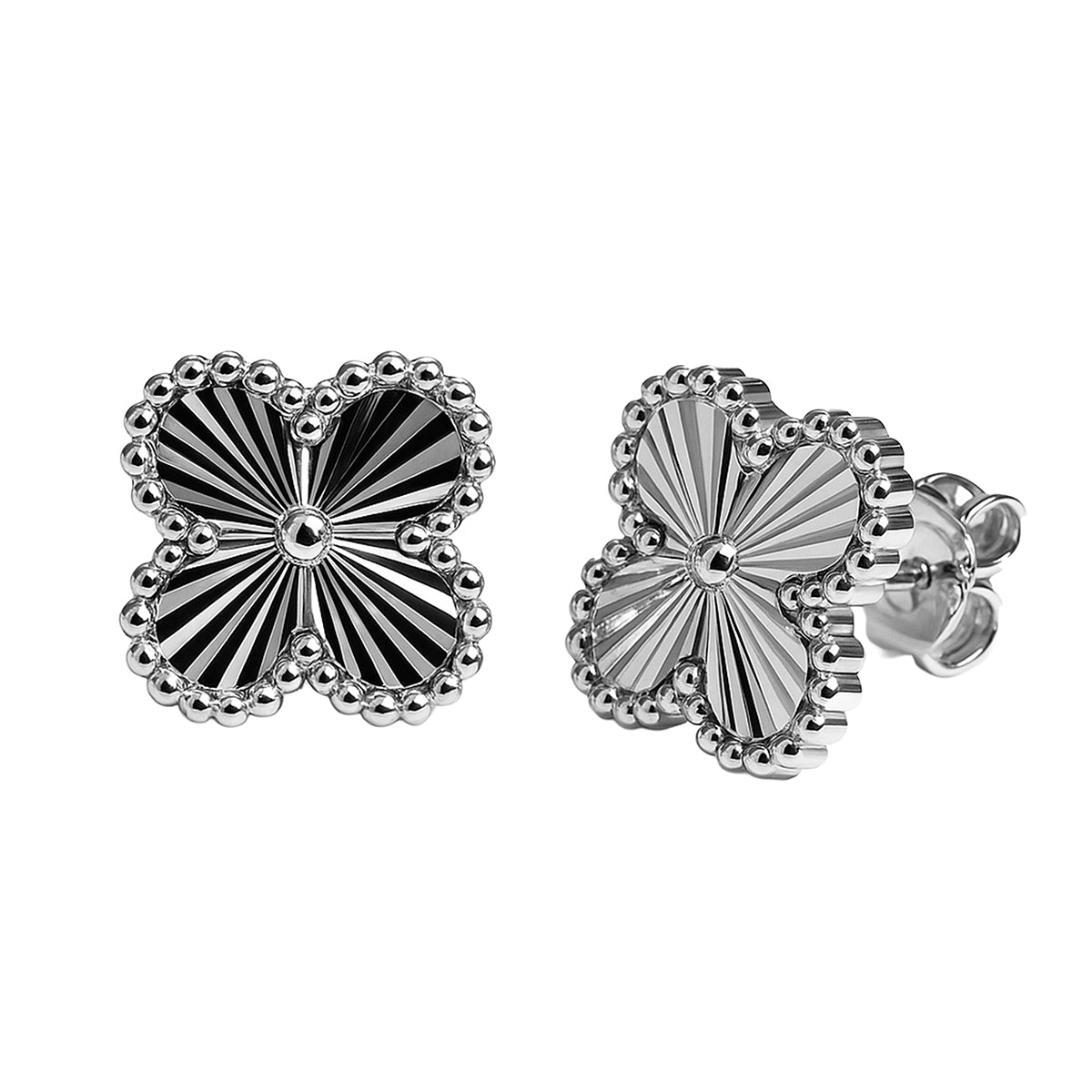 Broquel Flor Grande 1.4cm, Van C Diamantado Plata .925 con Baño de Rodio