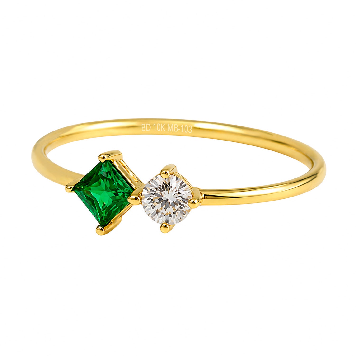 Anillo Doble Circonia Verde Cuadrada y Blanca Oro 10K
