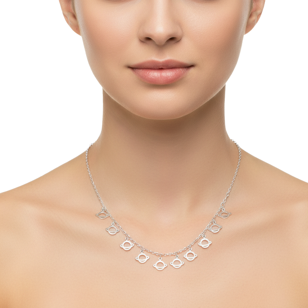 Collar Saturno Lisos Colgantes con Cadena Eslabones Plata .925